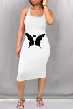 White Casual Figure Print Butterfly Print Contrast U Neck Printed Dresses