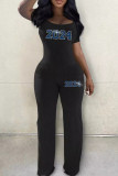 Black Casual Digital Patchwork Hot Drill U Neck Short Sleeve Two Pieces