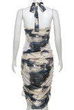 Khaki Sexy Print Hollow Out Patchwork Backless Halter Wrapped Skirt Dresses