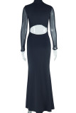 Black Celebrities Solid Color Hollow Out Patchwork Half A Turtleneck Long Dresses