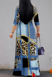The cowboy blue Casual Street Leopard Print Zebra Print Chain print Lace Up Contrast V Neck Printed Dresses