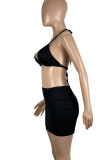 Black Sexy Solid Color Patchwork Backless Ruched Sleeveless Two Pieces