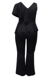 Black Casual Solid Color Patchwork Ruffle V Neck Plus Size Jumpsuits
