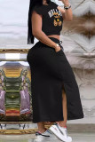 Black Casual Letters Pocket Lace Up Patchwork Slit O Neck Two Pieces