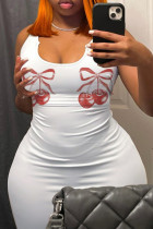 White Sexy Print Patchwork Skull Backless U Neck Wrapped Skirt Dresses