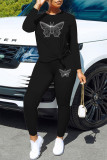 Black Casual Butterfly Print O Neck Long Sleeve Sweatshirt And Skinny Pants Two Pieces Jogger Sets
