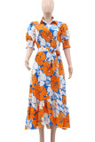 Tangerine Red Celebrities Print Buckle Patchwork Strap Design Turndown Collar Long Dresses