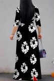 Black Casual Floral Print Lace Up V Neck Printed Dresses