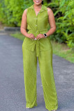 Colorful Blue Casual Solid Color Buttons With Belt Turndown Collar Sleeveless Two Pieces