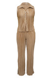 Apricot Casual Solid Color Buttons Turndown Collar Sleeveless Two Pieces