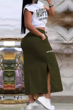White Green Casual Letters Pocket Lace Up Patchwork Slit O Neck Two Pieces