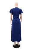 Blue Casual Solid Color Slit O Neck Long Dresses
