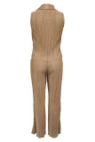Apricot Casual Solid Color Buttons Turndown Collar Sleeveless Two Pieces