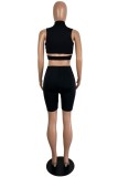 Black Casual Solid Color Patchwork Zipper Collar Sleeveless Two Pieces