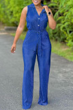 Colorful Blue Casual Solid Color Buttons With Belt Turndown Collar Sleeveless Two Pieces