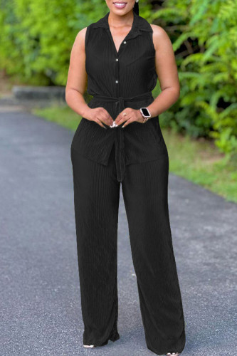 Black Casual Solid Color Buttons With Belt Turndown Collar Sleeveless Two Pieces