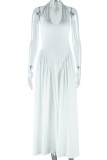 White Sexy Casual Solid Color Backless Belted Halter Long Dresses
