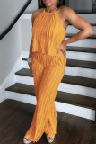 Orange Casual Solid Color Backless Belted Halter Sleeveless Two Pieces