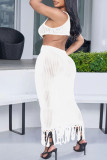 Black Sexy Solid Color Fringed Trim Hollow Out See-Through Spaghetti Strap Beach Dresses