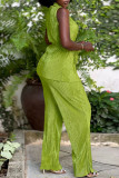 Colorful Blue Casual Solid Color Buttons With Belt Turndown Collar Sleeveless Two Pieces