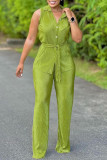Colorful Blue Casual Solid Color Buttons With Belt Turndown Collar Sleeveless Two Pieces