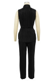 Colorful Blue Casual Solid Color Buttons With Belt Turndown Collar Sleeveless Two Pieces