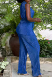 Colorful Blue Casual Solid Color Buttons With Belt Turndown Collar Sleeveless Two Pieces