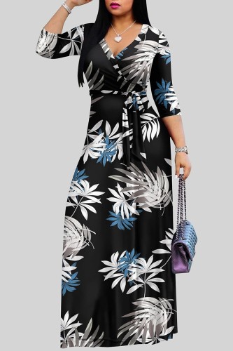 Black Casual Floral Print Basic V Neck Long Dresses