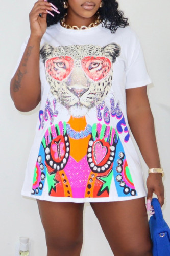 White Casual Animal Print Basic O Neck T-shirt Short Sleeve Dress