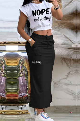 White Black Casual Letters Pocket Lace Up Patchwork Slit O Neck Two Pieces