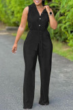 Colorful Blue Casual Solid Color Buttons With Belt Turndown Collar Sleeveless Two Pieces