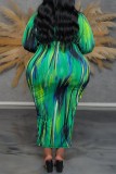 Green Casual Print Basic O Neck Long Sleeve Plus Size Dresses