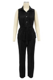 Colorful Blue Casual Solid Color Buttons With Belt Turndown Collar Sleeveless Two Pieces