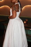White Sexy Casual Solid Color Backless Belted Halter Long Dresses
