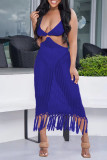 Black Sexy Solid Color Fringed Trim Hollow Out See-Through Spaghetti Strap Beach Dresses