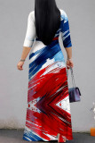 Red Blue Casual Street Geometric Print With Belt Contrast V Neck Printed Dresses