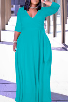 Lake Blue Casual Solid Color Belted V Neck Long Dresses