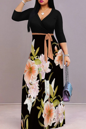 Black Pink Casual Print Patchwork Strap Design V Neck Long Dresses