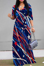 Dark Blue Red Casual Street Geometric Print The stars Lace Up Contrast V Neck Printed Dresses