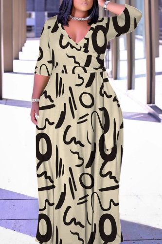 Apricot Casual Print Patchwork Belted V Neck Long Dresses