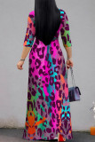Blue Casual Street Leopard Print Lace Up Contrast V Neck Printed Dresses