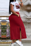 White Red Casual Print Pocket Lace Up Patchwork Slit O Neck Two Pieces