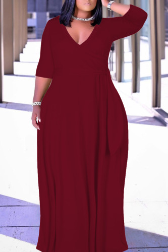 Deep Red Casual Solid Color Belted V Neck Long Dresses
