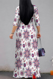 White Casual Street Geometric Print With Belt Contrast V Neck Printed Dresses