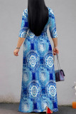 Blue Casual Street Geometric Print With Belt Contrast V Neck Printed Dresses