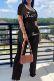 Black Casual Letters Patchwork Hot Drill U Neck Short Sleeve Two Pieces