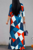 Blue White Casual Street Geometric Print With Belt Contrast V Neck Printed Dresses