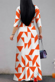 Orange Casual Street Geometric Print With Belt Contrast V Neck Printed Dresses