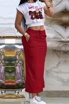 White Red Casual Print Pocket Lace Up Patchwork Slit O Neck Two Pieces