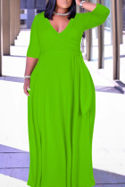 Green Casual Solid Color Belted V Neck Long Dresses